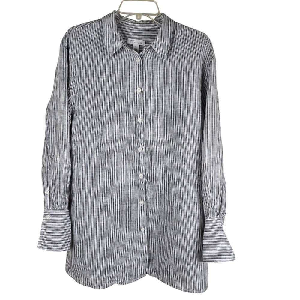 Nordstrom Signature 100% Linen Striped Button Down Oversized Shirt Blue White